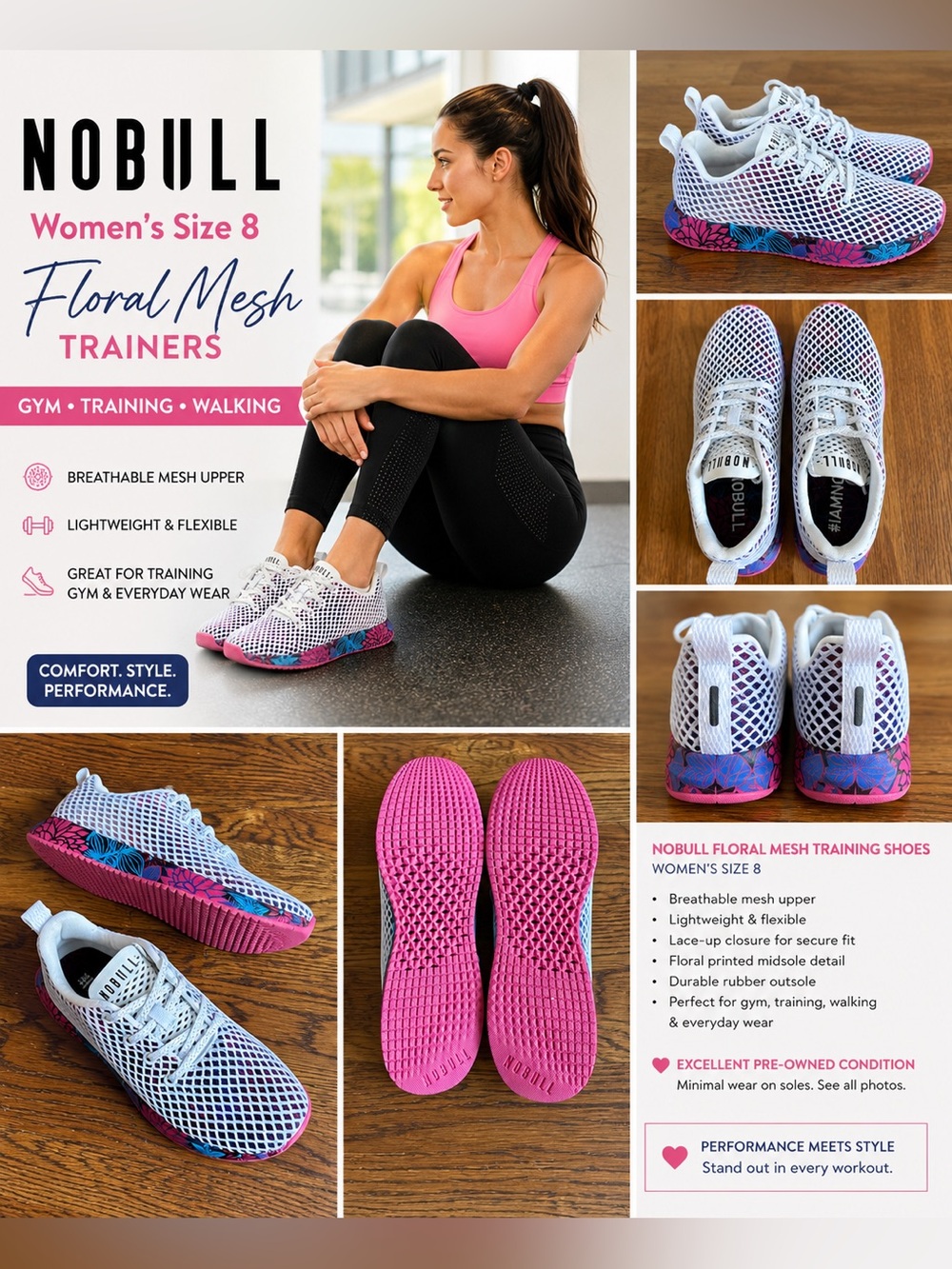 NOBULL Floral Mesh Trainer Athletic Shoes Women’s Size 8 White Pink Blue